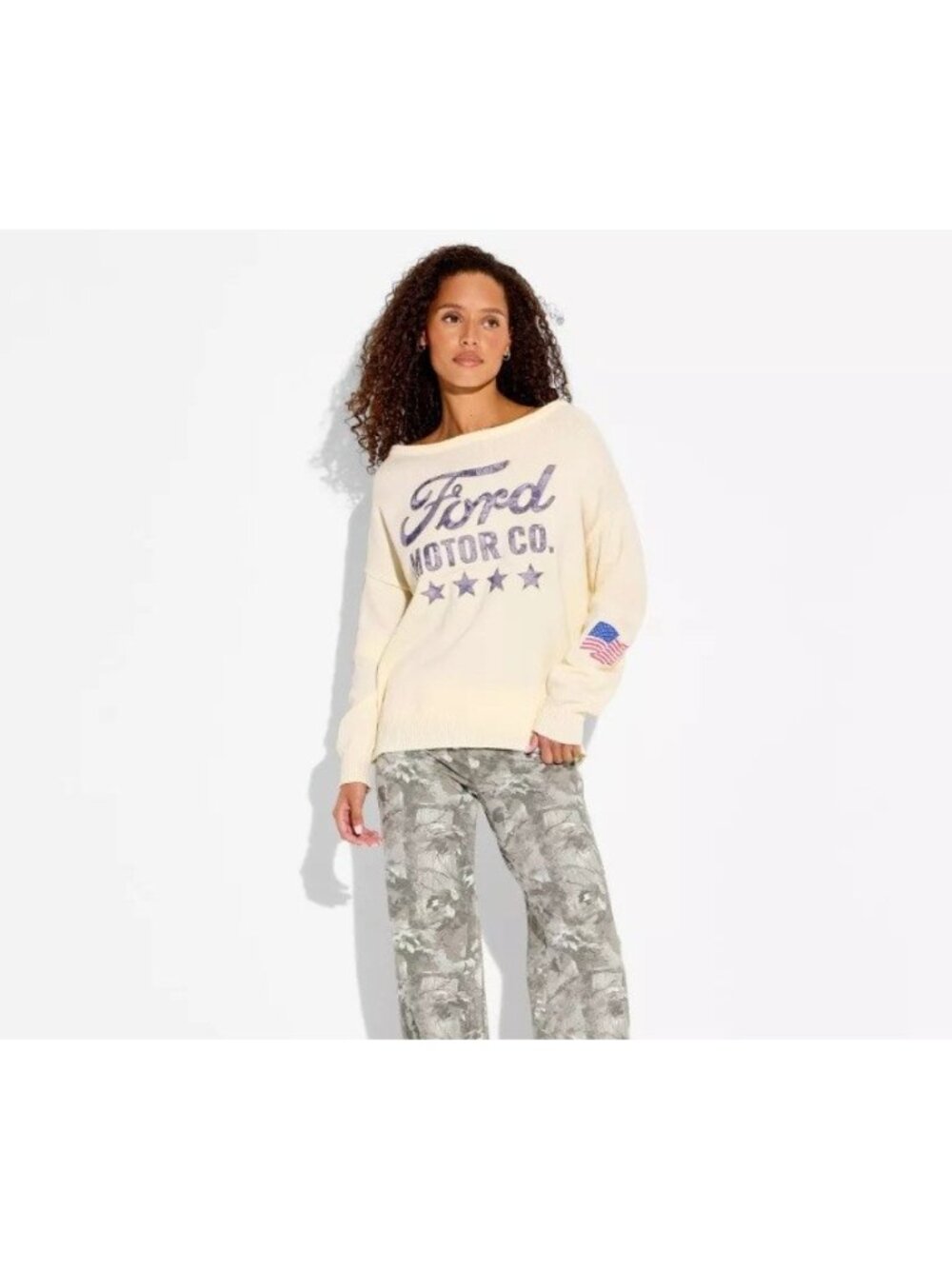 Ford Motor Co. Women's Whisper White Relaxed Fit Boat Neck Sweater LARGE
